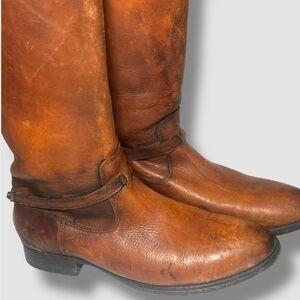 Frye Lindsay Plate Riding Boots- Women's Size 9.5 Cognac Brown Distressed